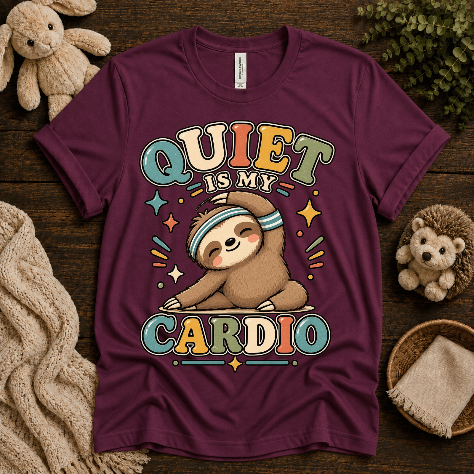 Quiet Is My Cardio cute animal graphic t-shirt cozy flat lay in maroon.