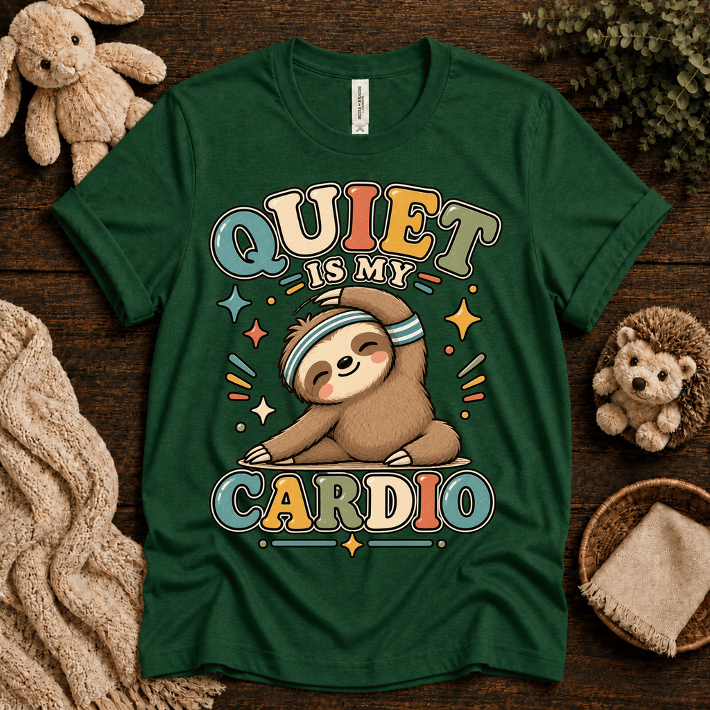 Quiet Is My Cardio cute animal graphic t-shirt cozy flat lay in evergreen.