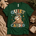Quiet Is My Cardio cute animal graphic t-shirt cozy flat lay in evergreen.