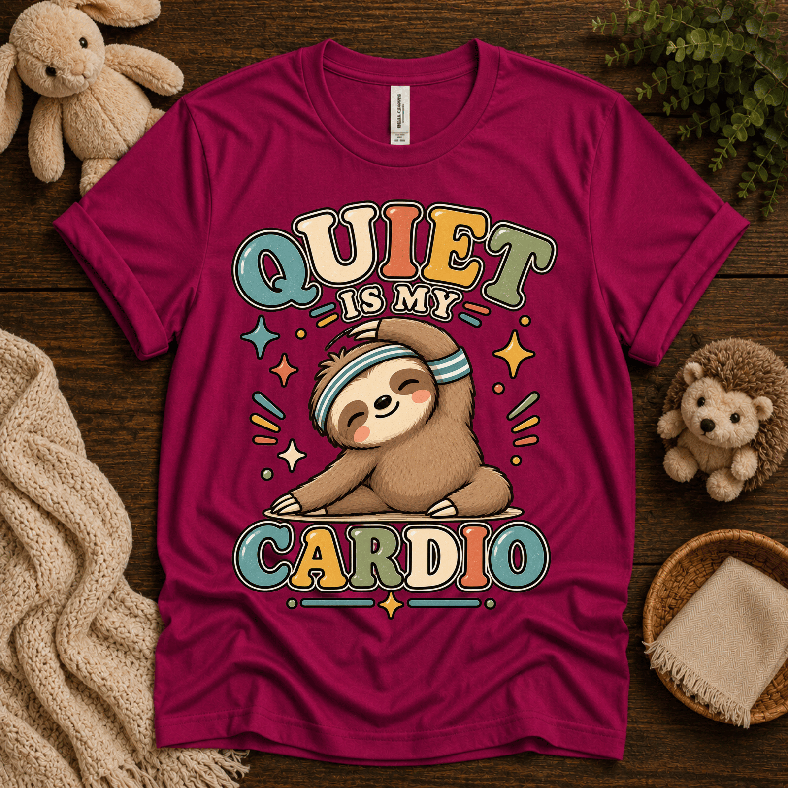 Quiet Is My Cardio cute animal graphic t-shirt cozy flat lay in berry.