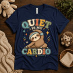 Quiet Is My Cardio cute animal graphic t-shirt cozy flat lay in navy.
