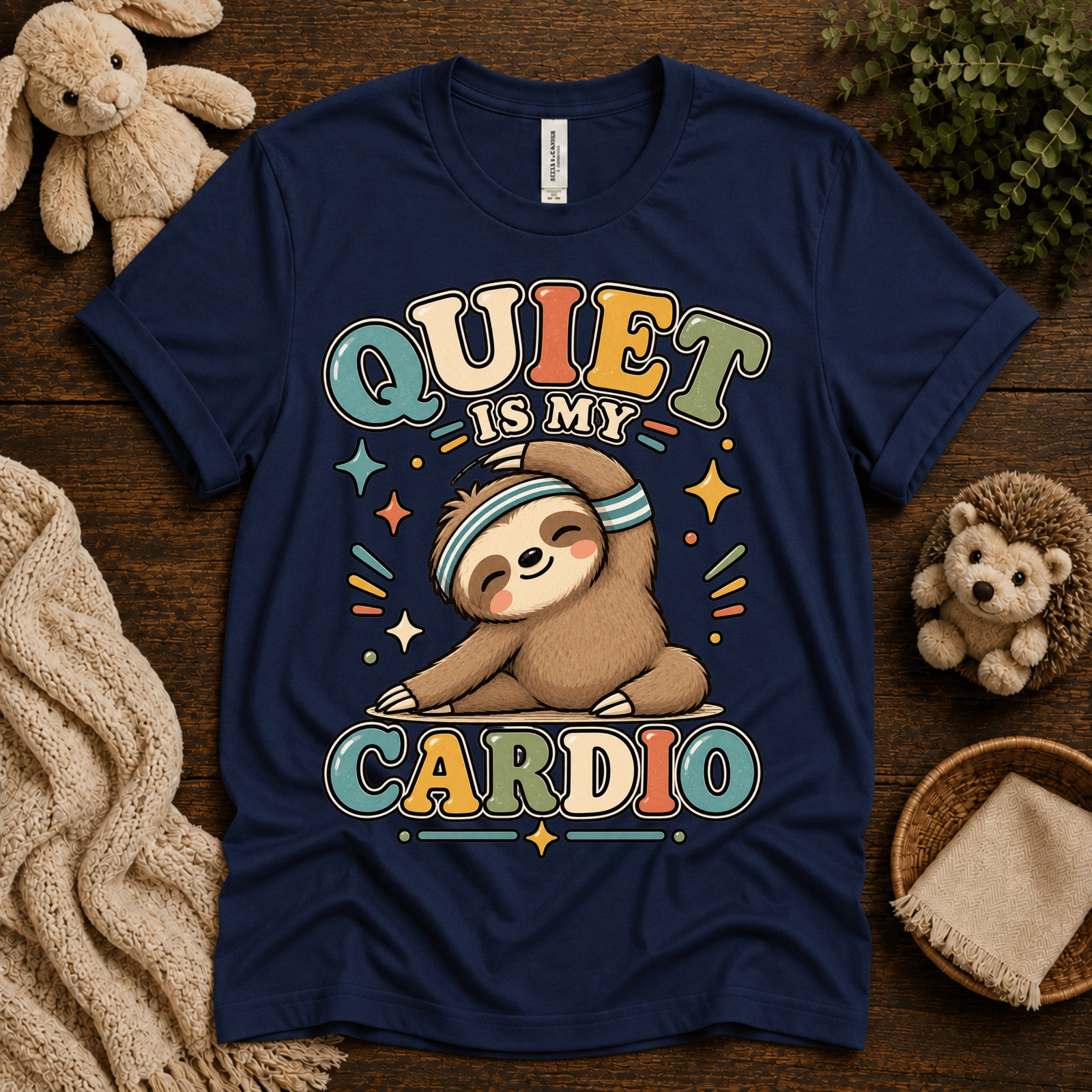 Quiet Is My Cardio cute animal graphic t-shirt cozy flat lay in navy.