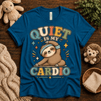 Quiet Is My Cardio cute animal graphic t-shirt cozy flat lay in deep teal.