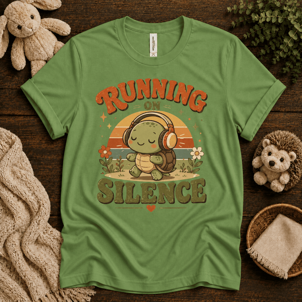 Running On Silence cute animal graphic t-shirt cozy flat lay in leaf.