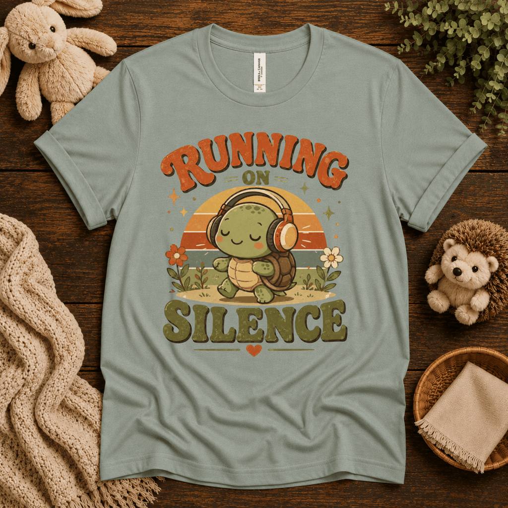 Running On Silence cute animal graphic t-shirt cozy flat lay in sage.