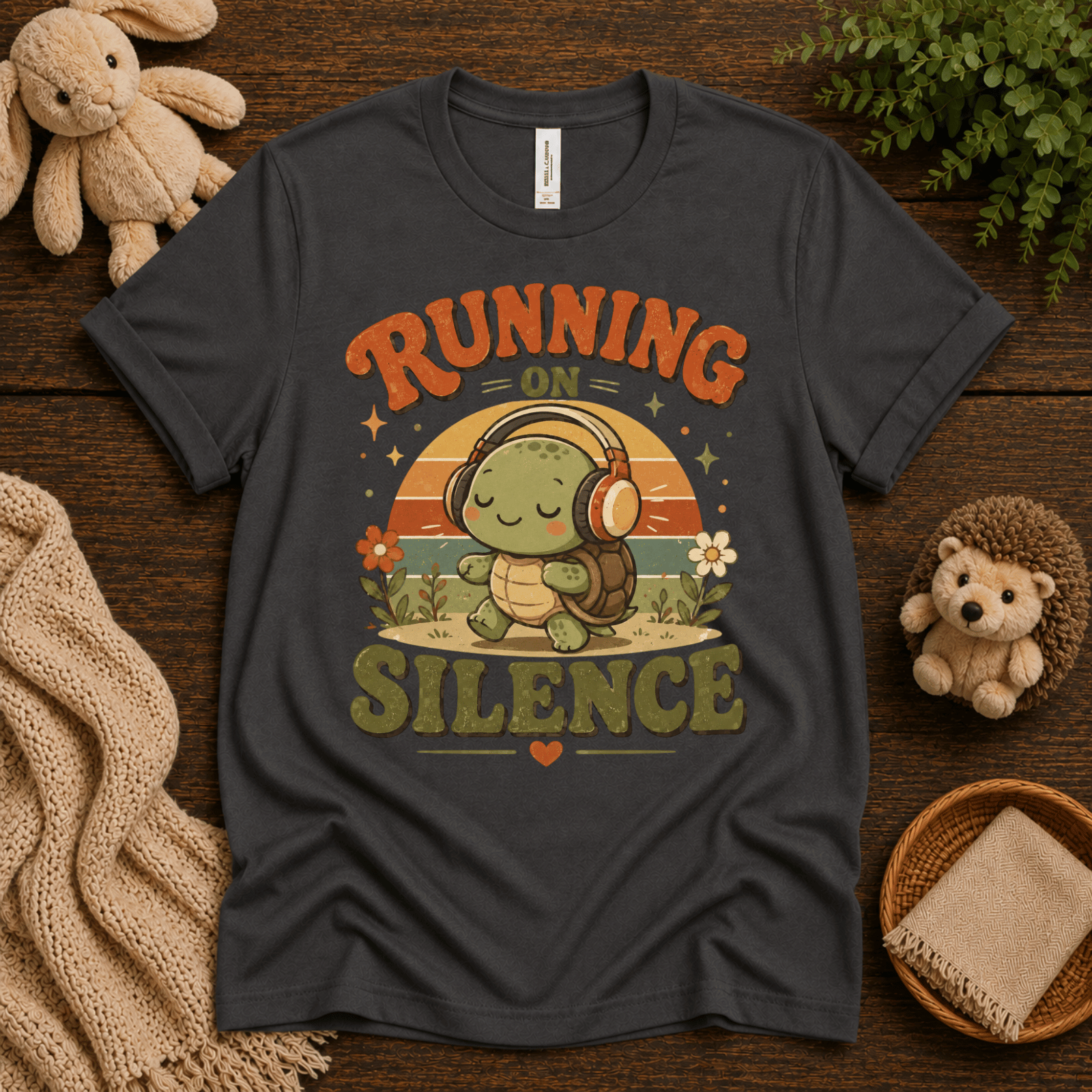 Running On Silence cute animal graphic t-shirt cozy flat lay in asphalt.