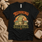 Running On Silence cute animal graphic t-shirt cozy flat lay in vintage black.