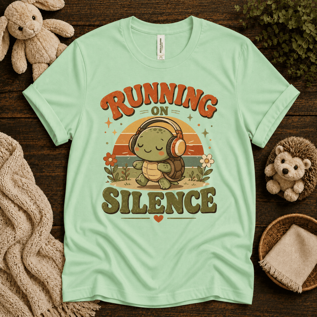 Running On Silence cute animal graphic t-shirt cozy flat lay in mint.