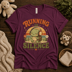 Running On Silence cute animal graphic t-shirt cozy flat lay in maroon.