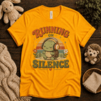 Running On Silence cute animal graphic t-shirt cozy flat lay in gold.