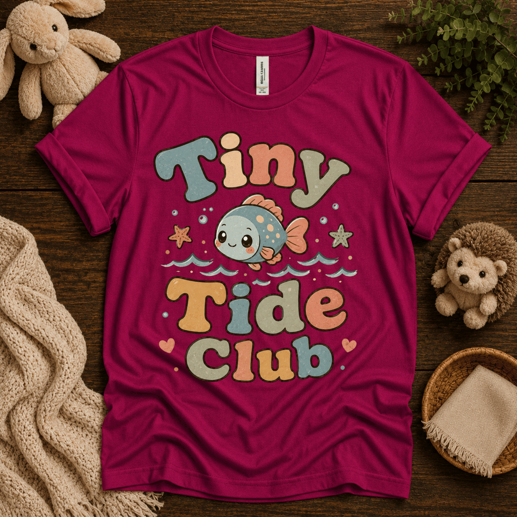 Tiny Tide Club cute animal graphic t-shirt cozy flat lay in berry.