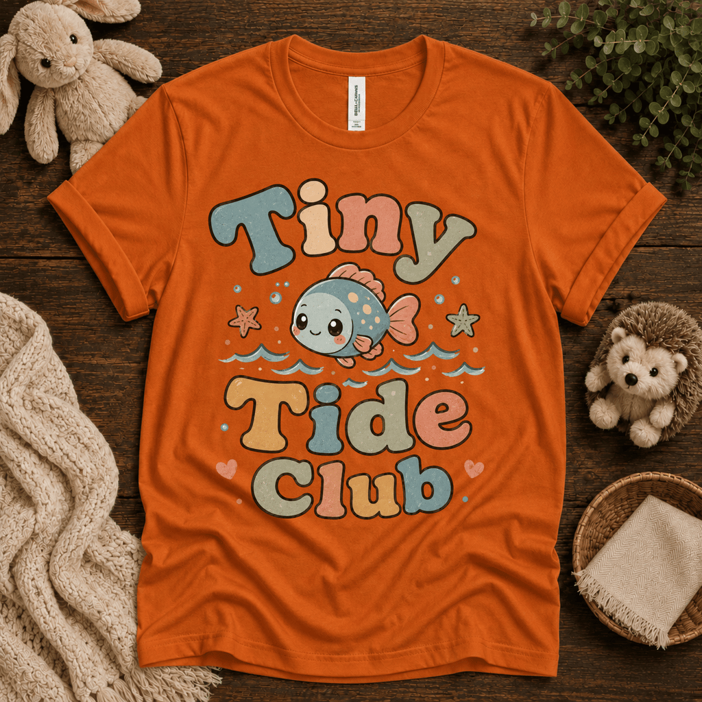 Tiny Tide Club cute animal graphic t-shirt cozy flat lay in burnt orange.