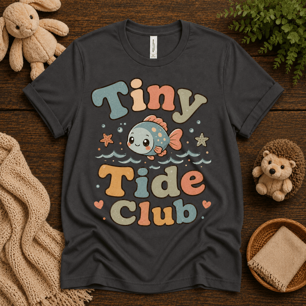 Tiny Tide Club cute animal graphic t-shirt cozy flat lay in asphalt.