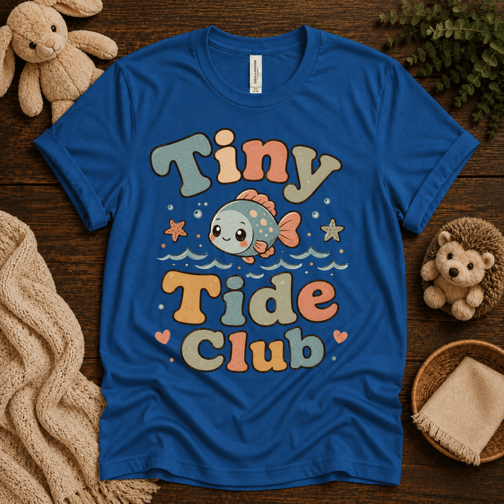 Tiny Tide Club cute animal graphic t-shirt cozy flat lay in royal blue.