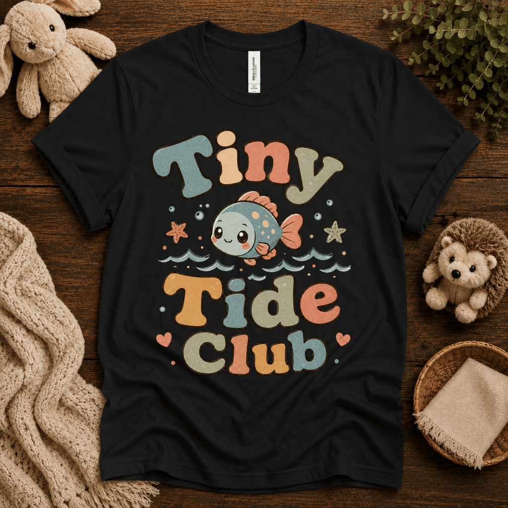 Tiny Tide Club cute animal graphic t-shirt cozy flat lay in vintage black.