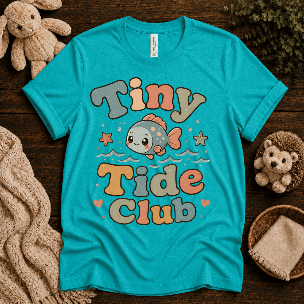 Tiny Tide Club cute animal graphic t-shirt cozy flat lay in heather sea green.