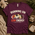 Low Energy Cat cute animal graphic t-shirt cozy flat lay in berry.