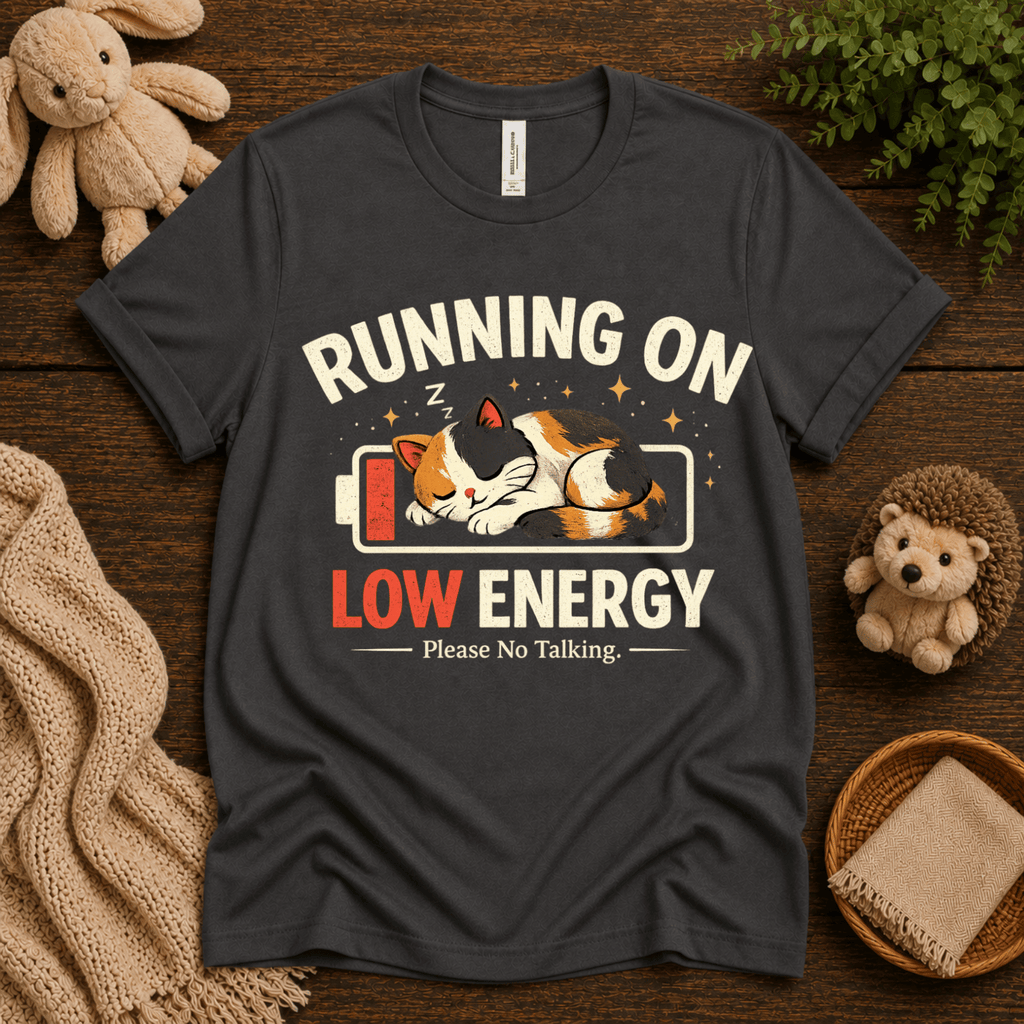 Low Energy Cat cute animal graphic t-shirt cozy flat lay in asphalt.