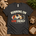 Low Energy Cat cute animal graphic t-shirt cozy flat lay in asphalt.