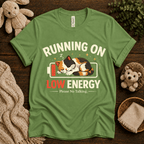 Low Energy Cat cute animal graphic t-shirt cozy flat lay in leaf.
