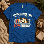 Low Energy Cat cute animal graphic t-shirt cozy flat lay in true royal.