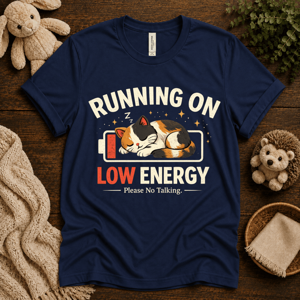 Low Energy Cat cute animal graphic t-shirt cozy flat lay in navy.
