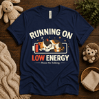 Low Energy Cat cute animal graphic t-shirt cozy flat lay in navy.