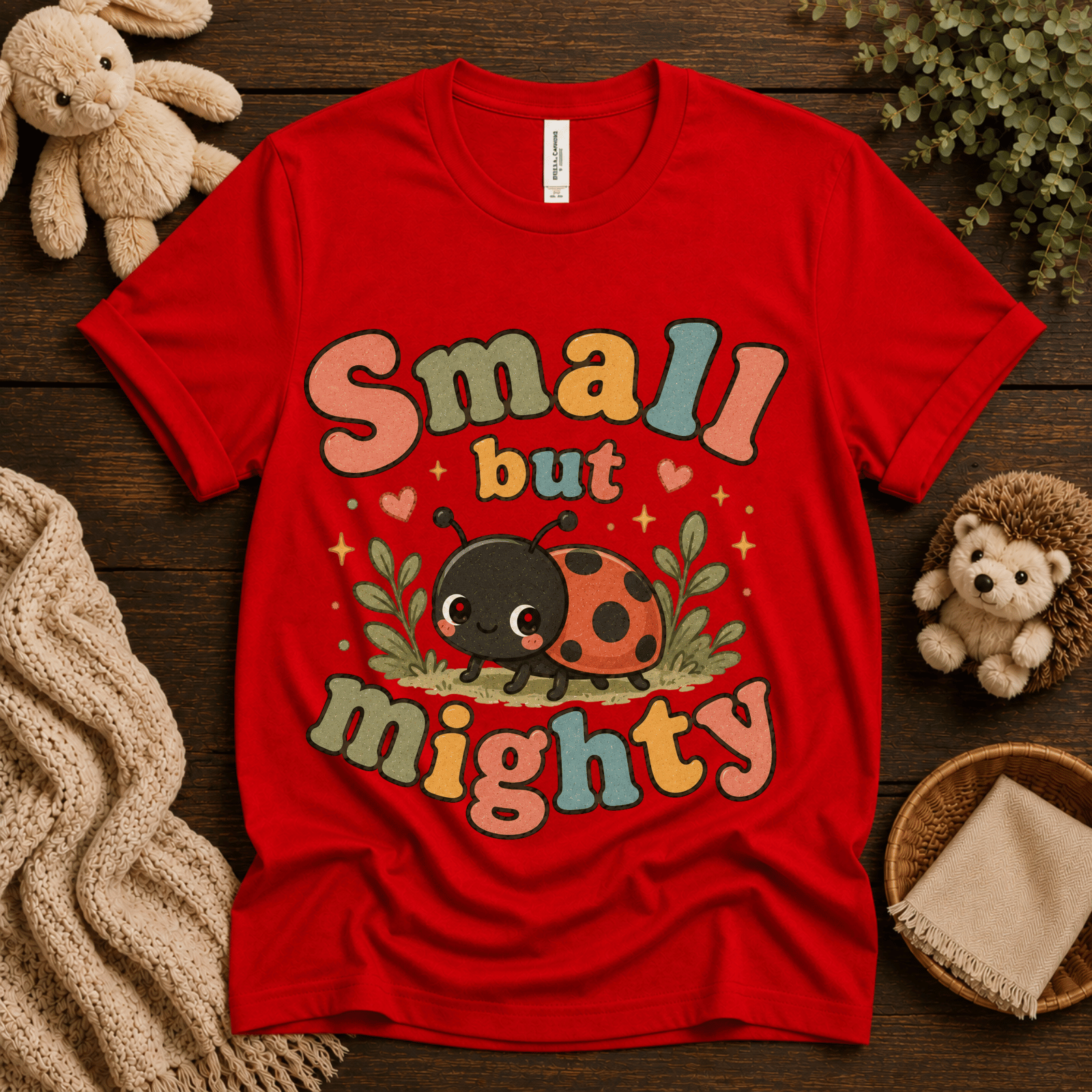 Small But Mighty cute animal graphic t-shirt cozy flat lay in red.