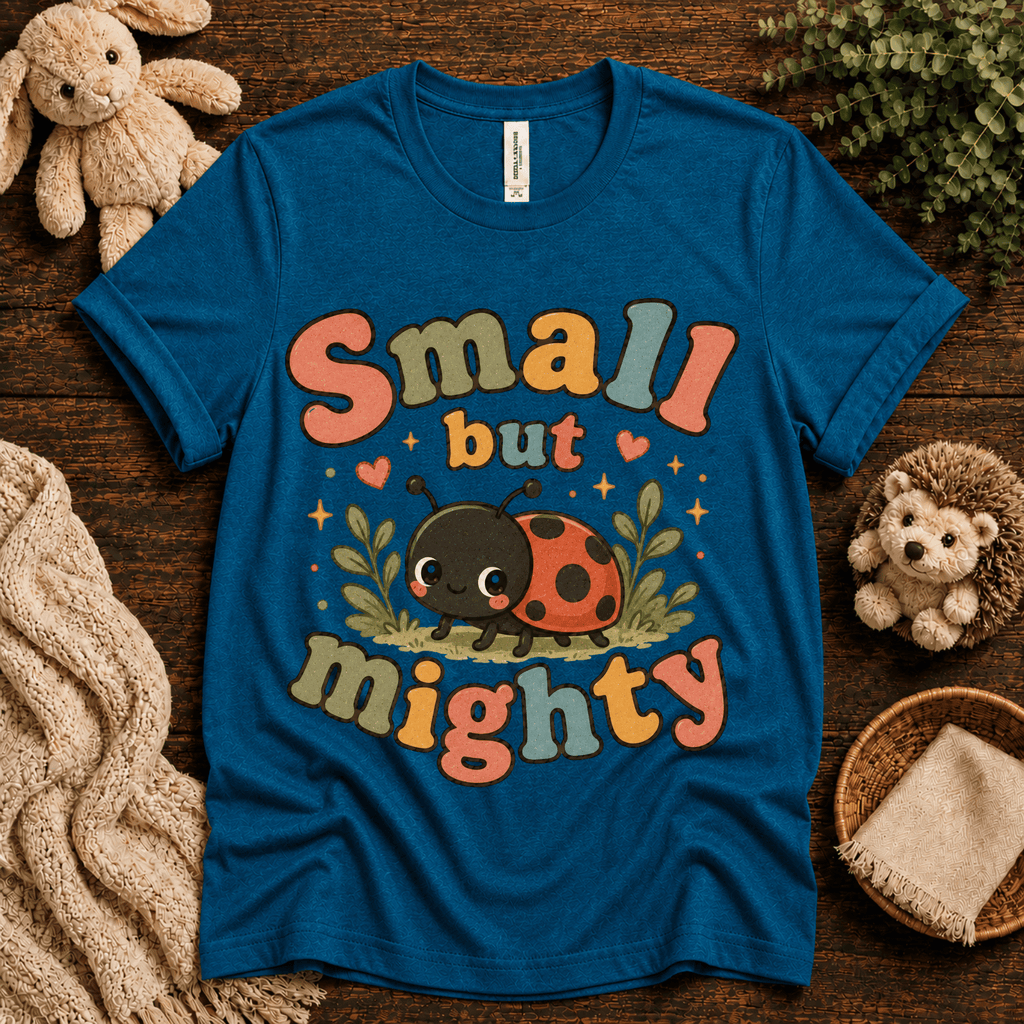 Small But Mighty cute animal graphic t-shirt cozy flat lay in deep teal.