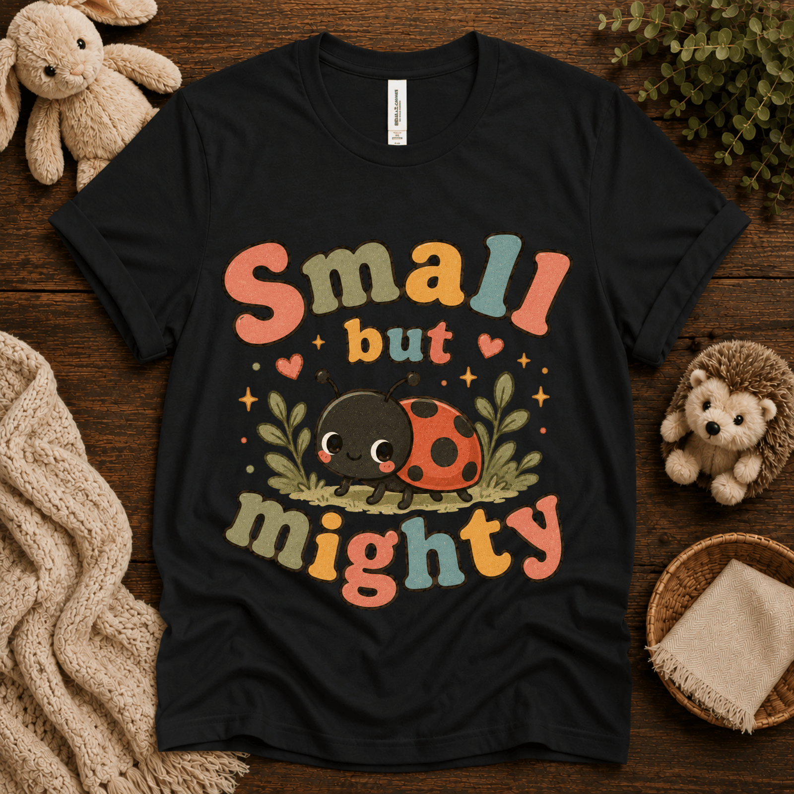 Small But Mighty cute animal graphic t-shirt cozy flat lay in vintage black.