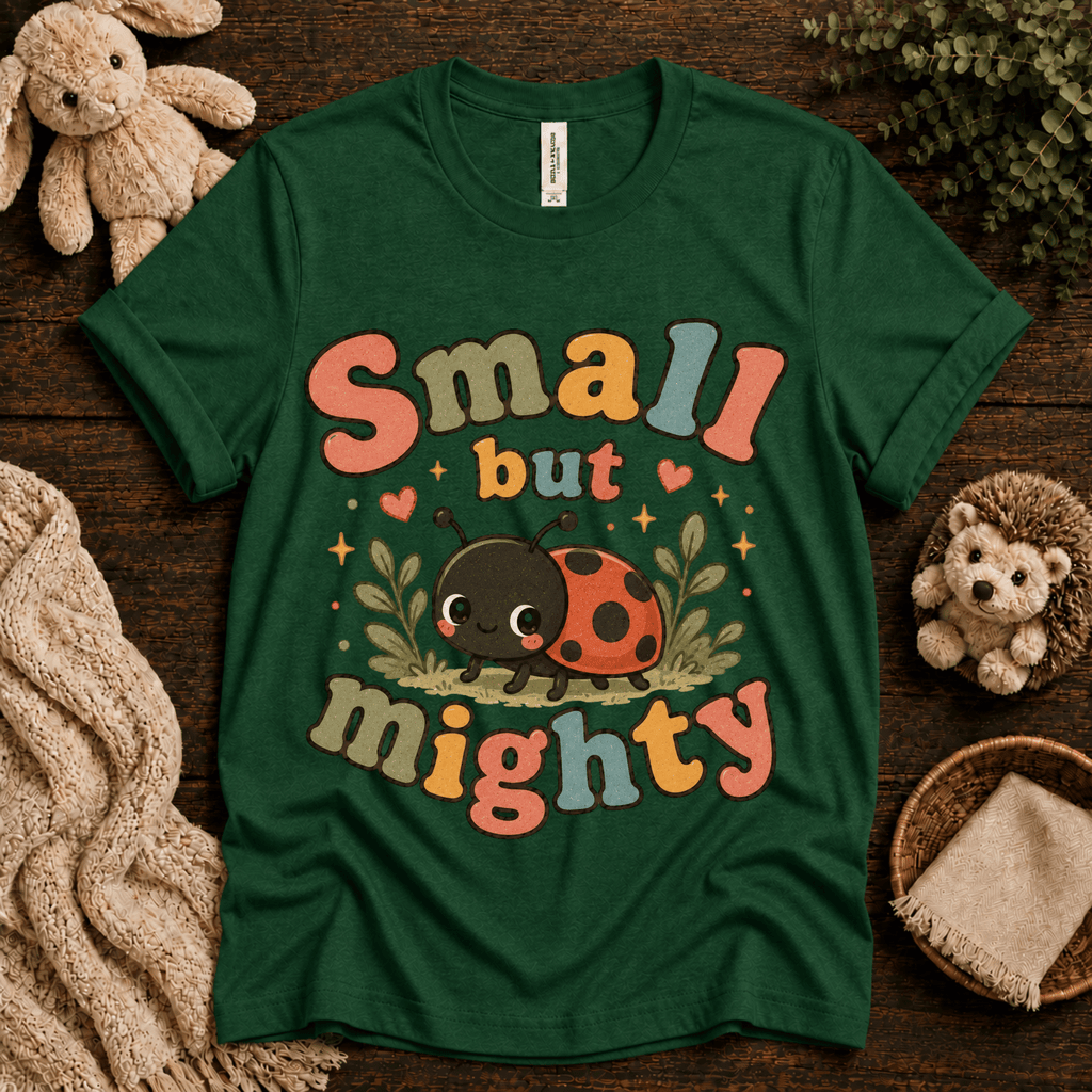 Small But Mighty cute animal graphic t-shirt cozy flat lay in evergreen.