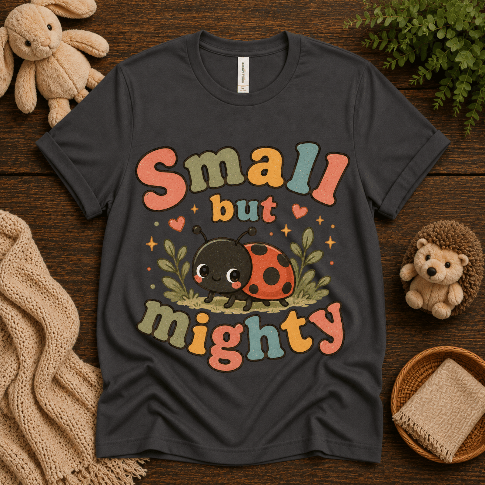 Small But Mighty cute animal graphic t-shirt cozy flat lay in asphalt.