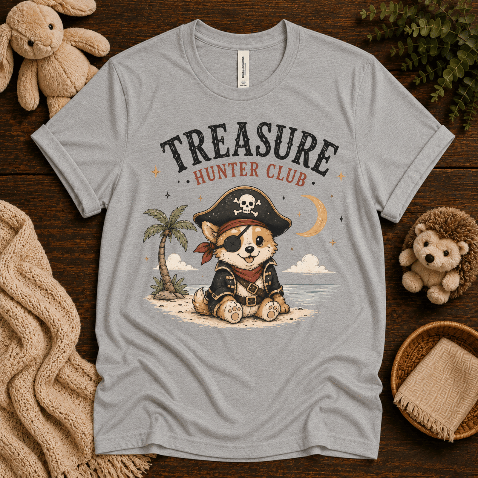 Treasure Hunter Club cute animal graphic t-shirt cozy flat lay in athletic heather.
