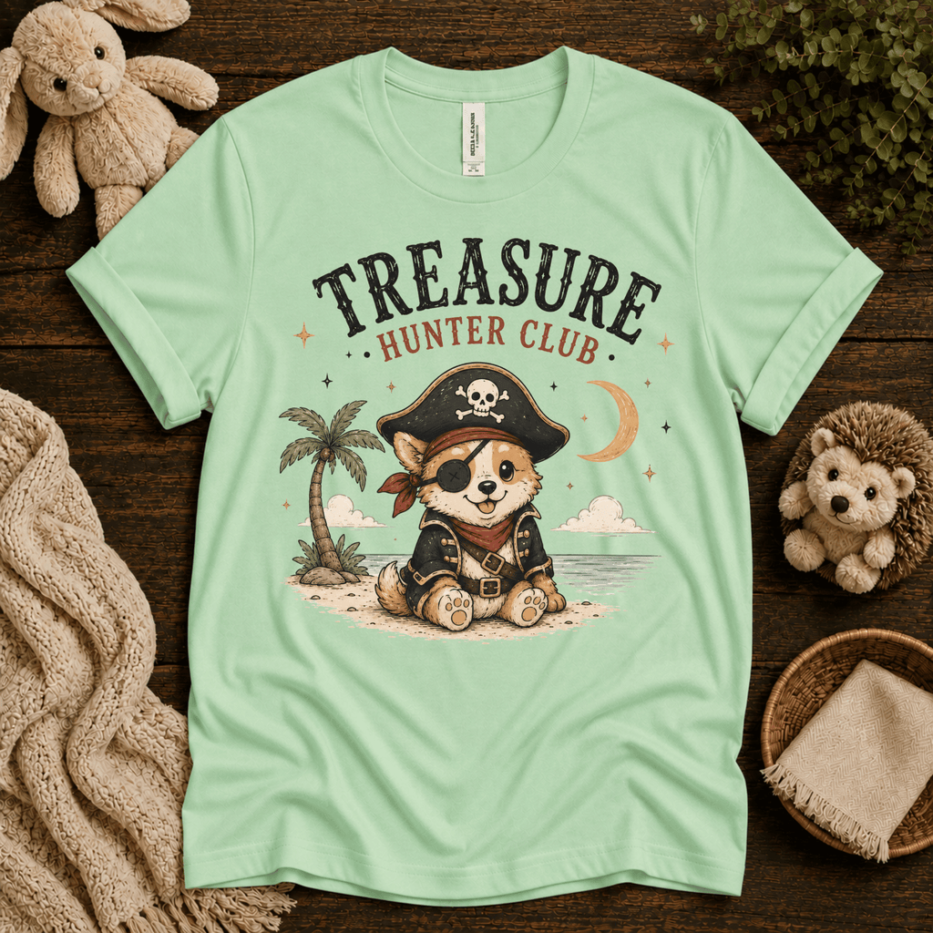 Treasure Hunter Club cute animal graphic t-shirt cozy flat lay in mint.