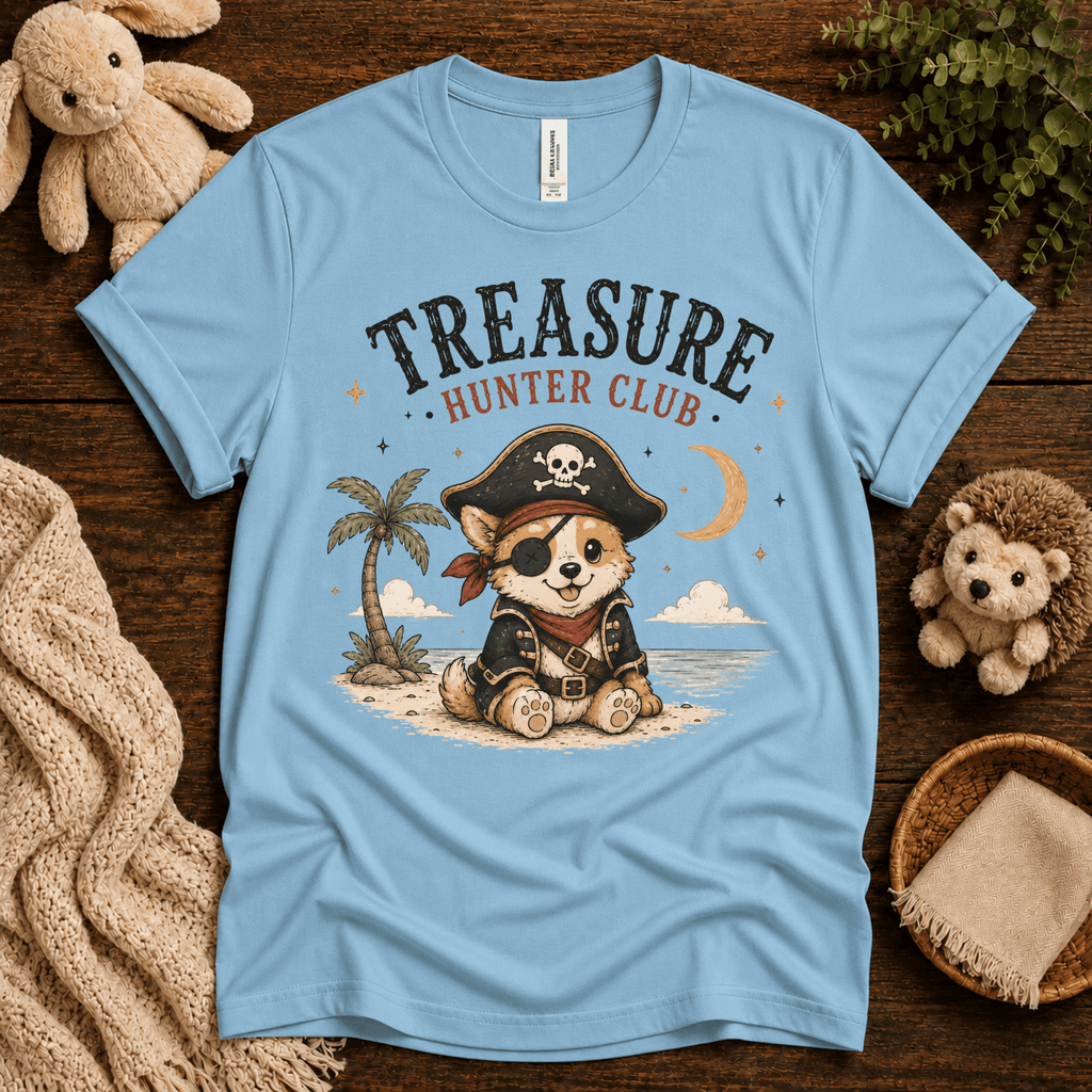 Treasure Hunter Club cute animal graphic t-shirt cozy flat lay in baby blue.