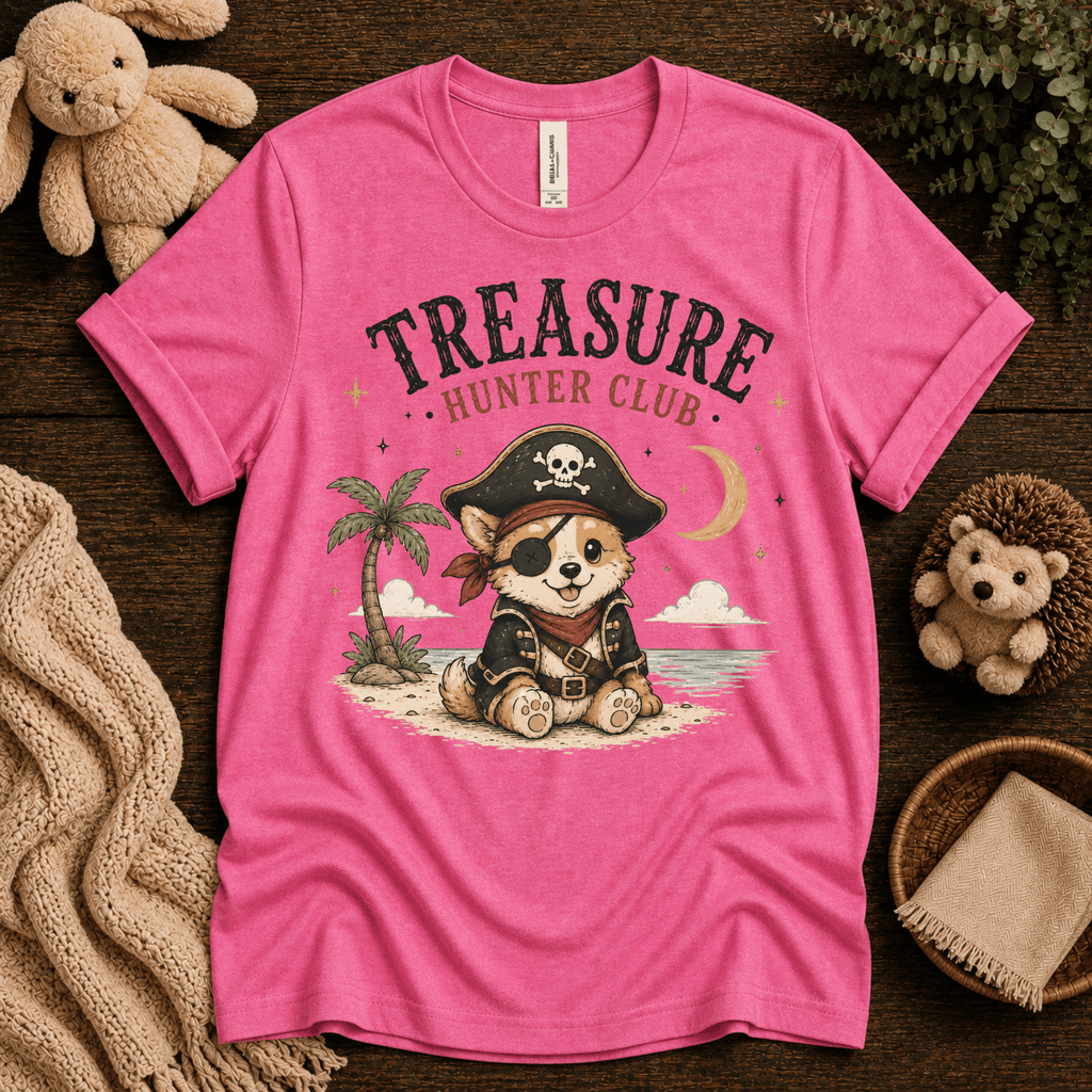 Treasure Hunter Club cute animal graphic t-shirt cozy flat lay in charity pink.