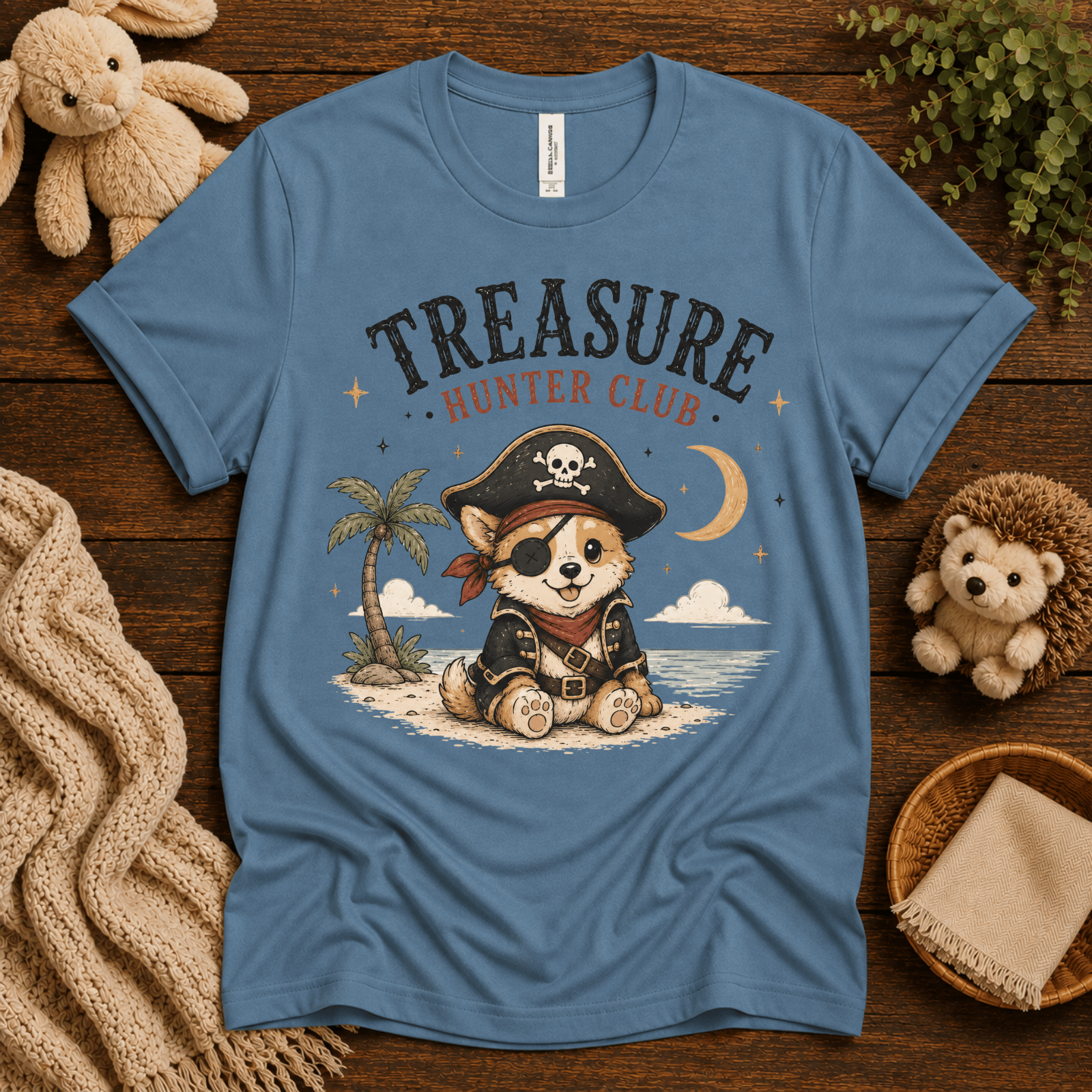 Treasure Hunter Club cute animal graphic t-shirt cozy flat lay in steel blue.