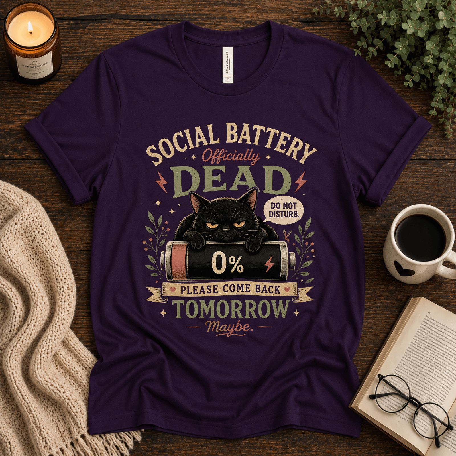 Social Battery Dead funny introvert graphic t-shirt cozy flat lay in deep purple.