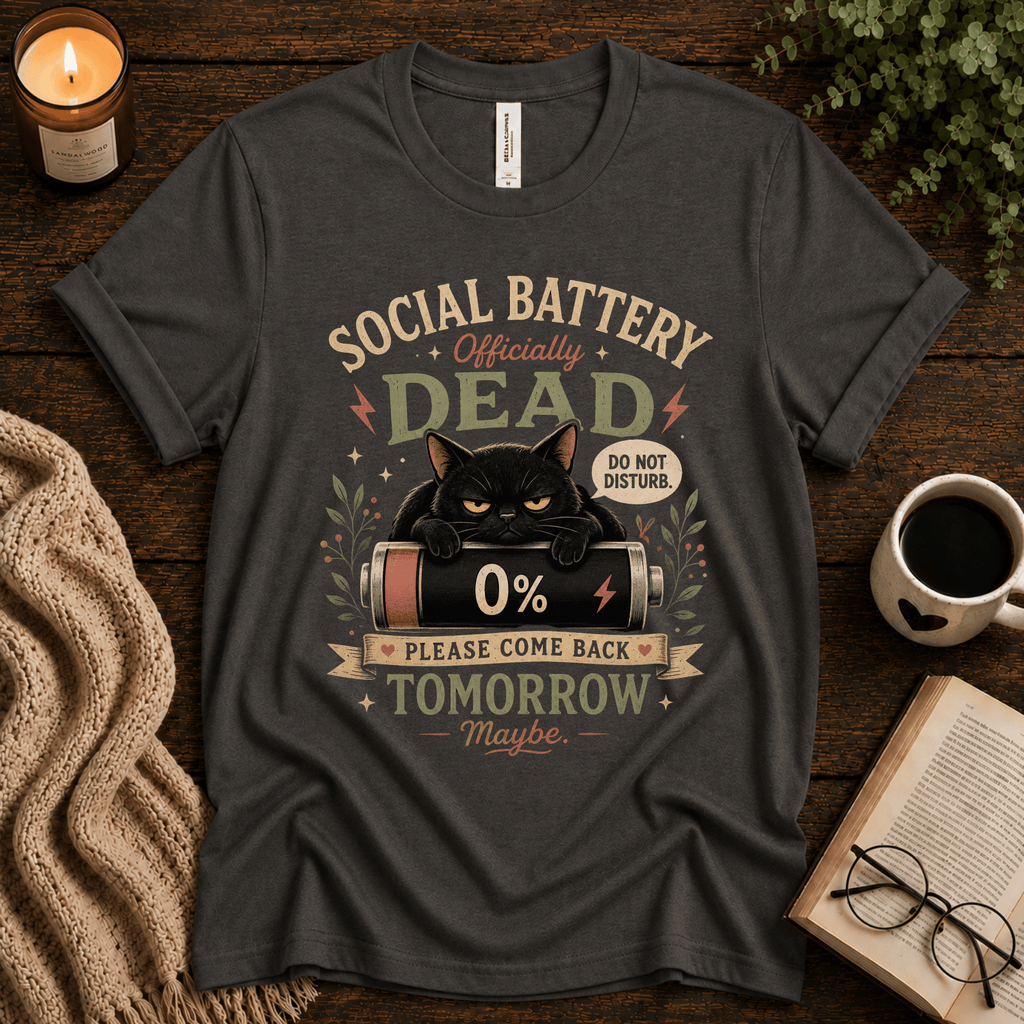 Social Battery Dead funny introvert graphic t-shirt cozy flat lay in asphalt.