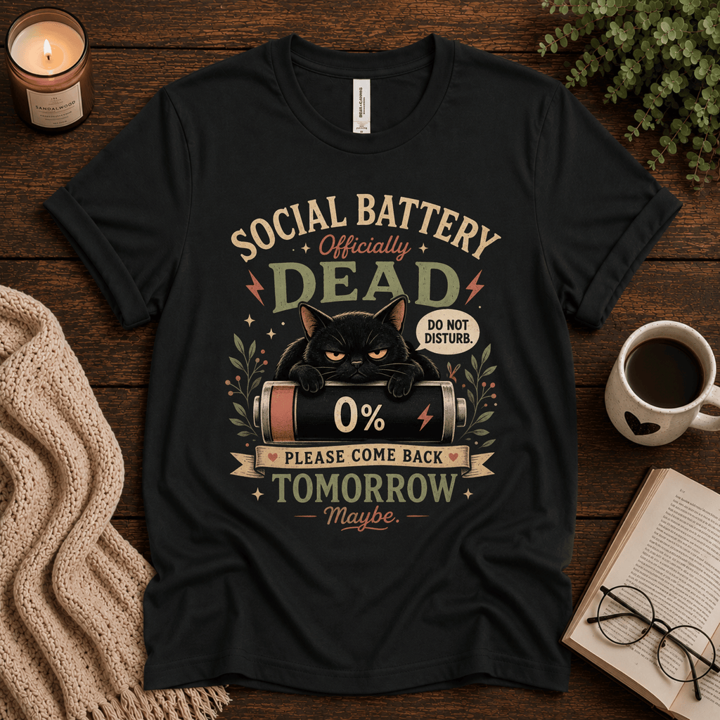 Social Battery Dead funny introvert graphic t-shirt cozy flat lay in vintage black.