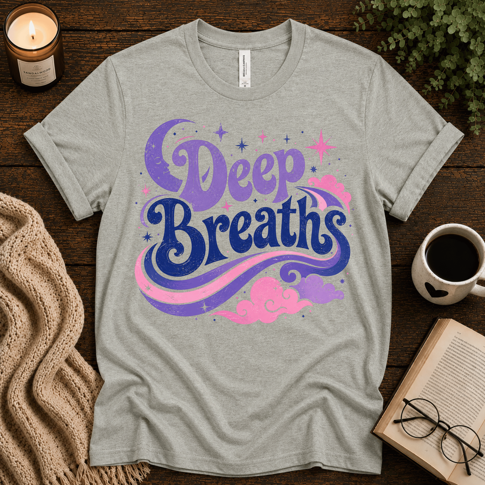 Deep Breaths inspirational introvert graphic t-shirt cozy flat lay in athletic heather.