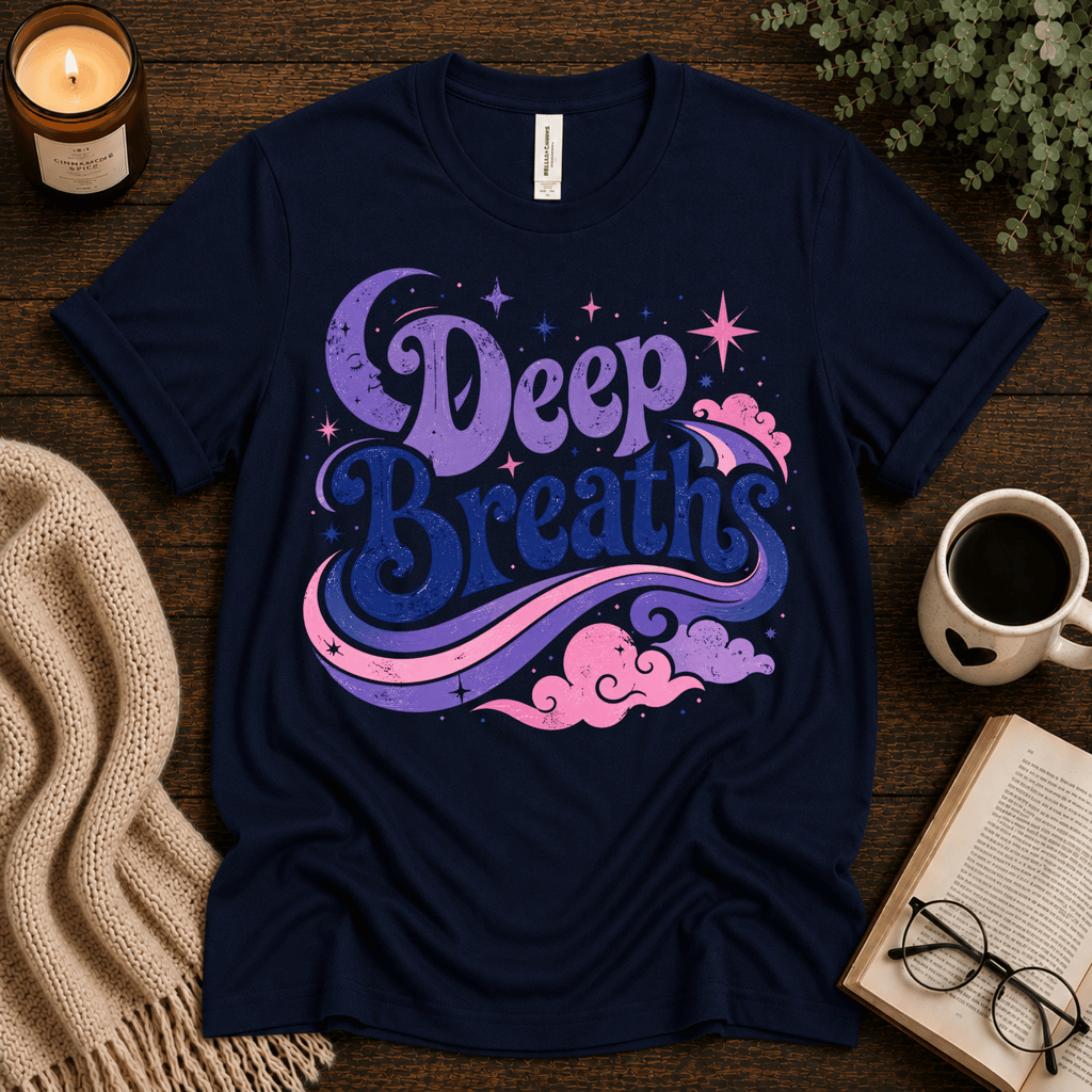 Deep Breaths inspirational introvert graphic t-shirt cozy flat lay in navy.