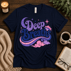 Deep Breaths inspirational introvert graphic t-shirt cozy flat lay in navy.
