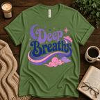 Deep Breaths inspirational introvert graphic t-shirt cozy flat lay in leaf.