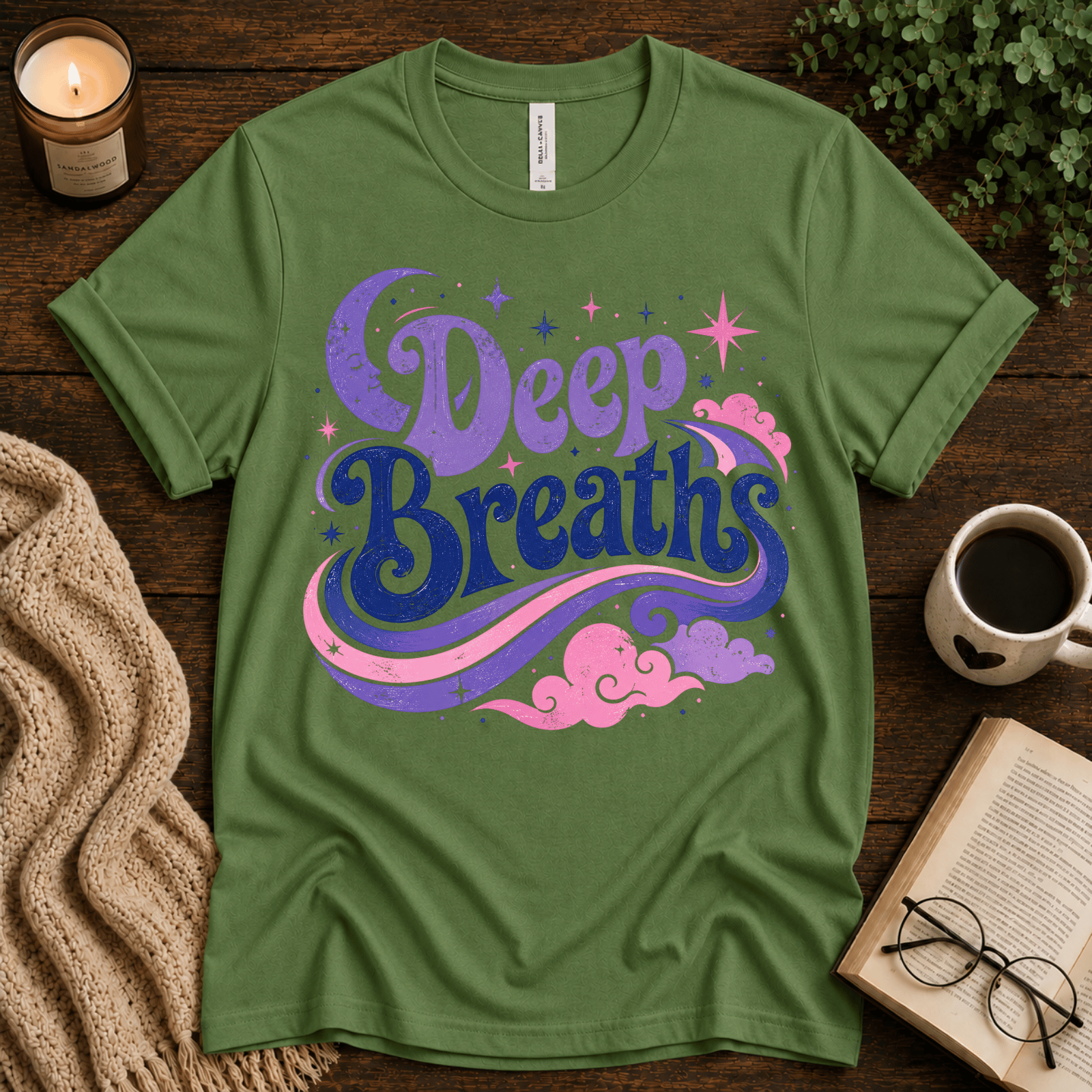Deep Breaths inspirational introvert graphic t-shirt cozy flat lay in leaf.
