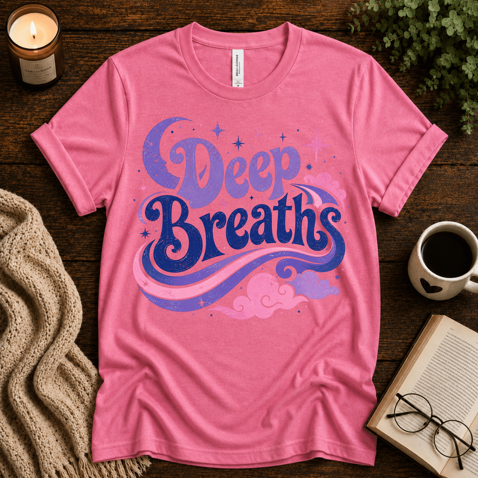 Deep Breaths inspirational introvert graphic t-shirt cozy flat lay in charity pink.