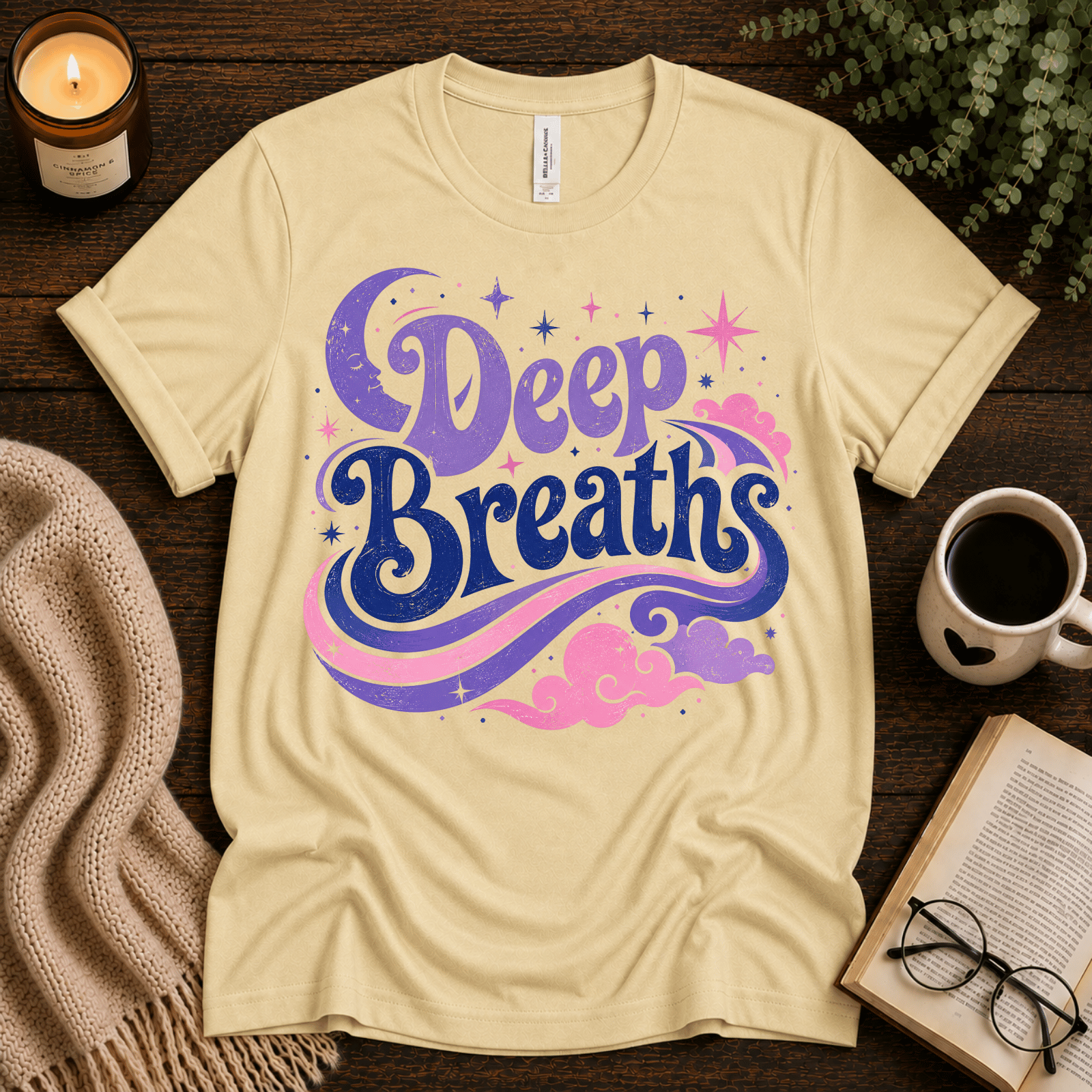 Deep Breaths inspirational introvert graphic t-shirt cozy flat lay in natural.