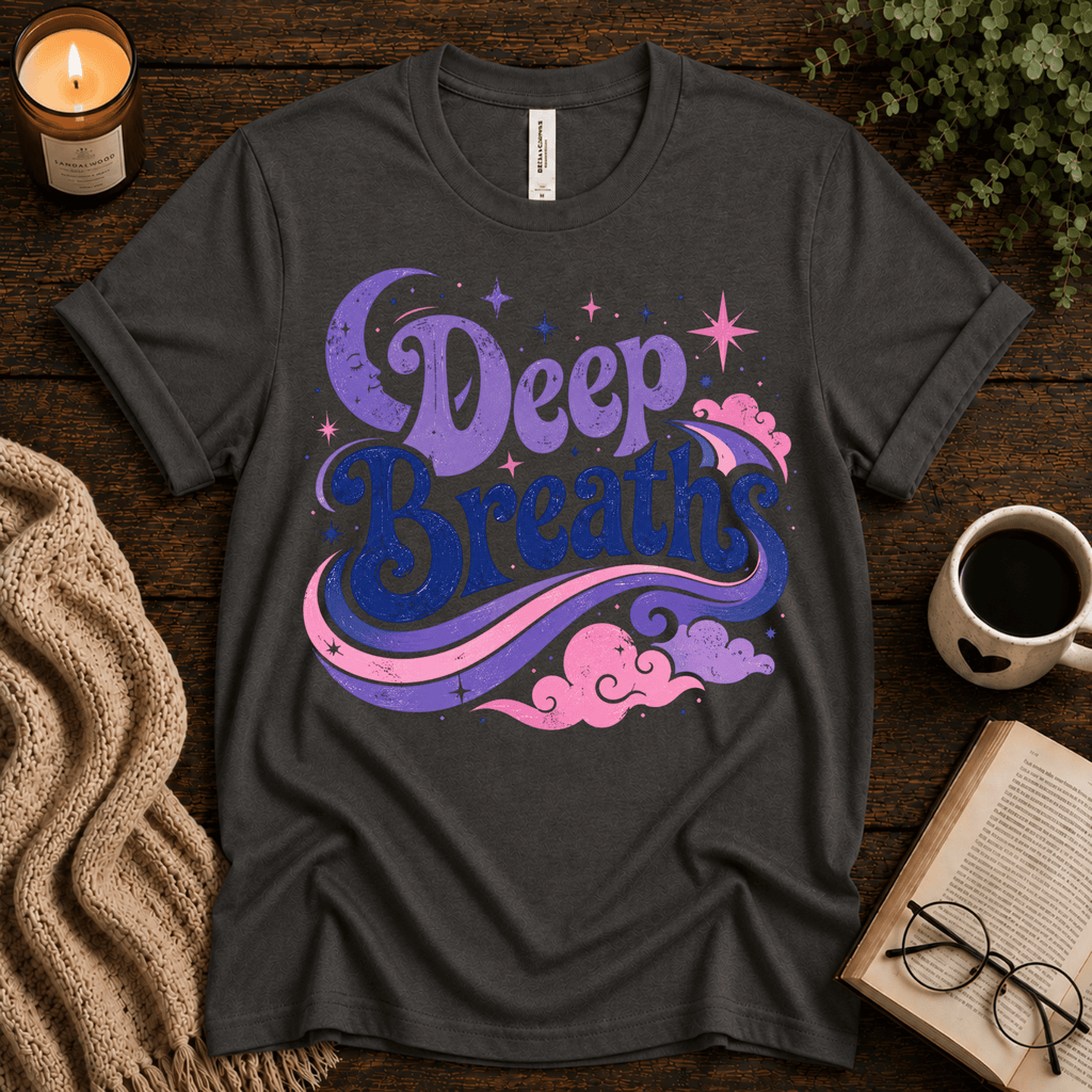 Deep Breaths inspirational introvert graphic t-shirt cozy flat lay in asphalt.
