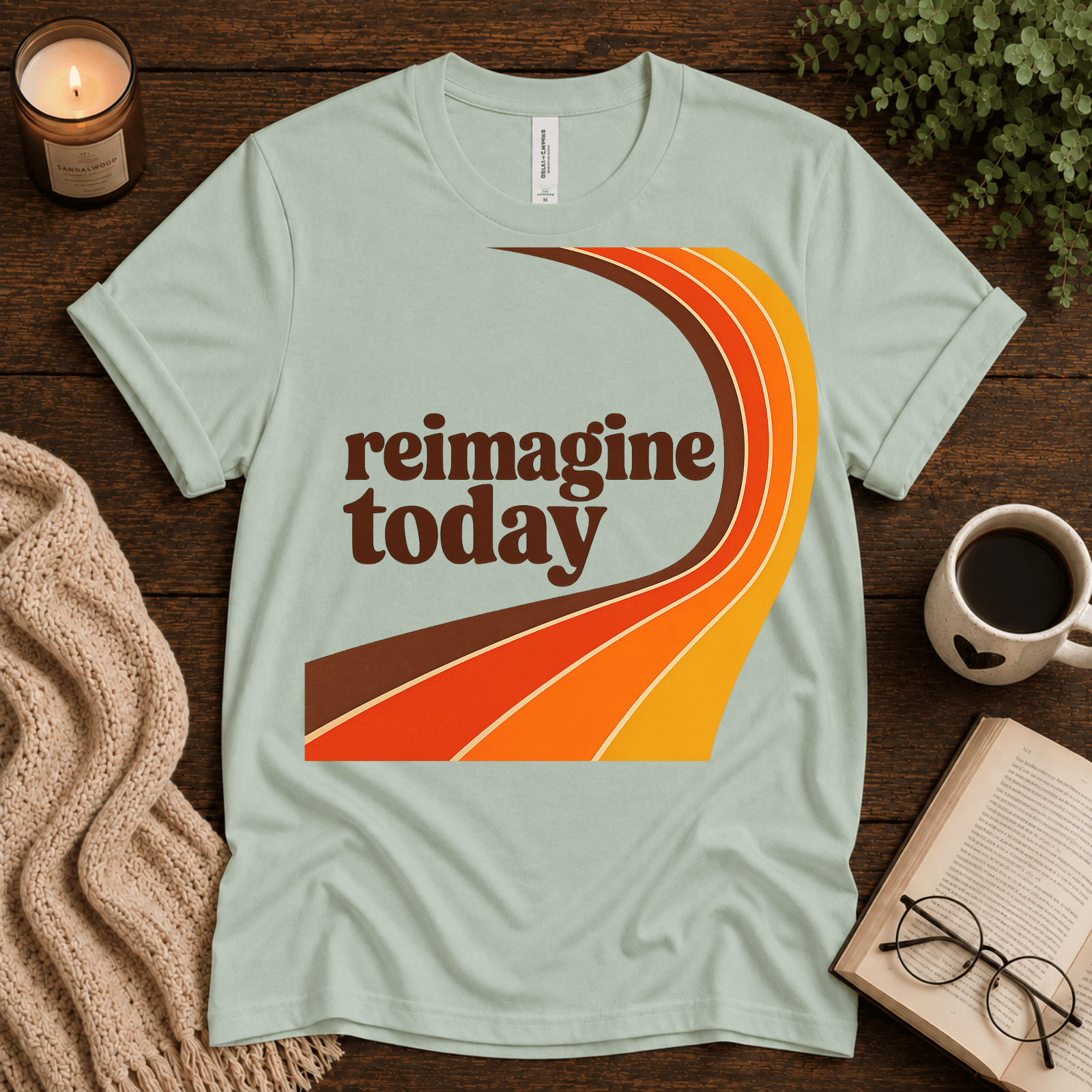 Reimagine Today inspirational introvert graphic t-shirt cozy flat lay in mint.