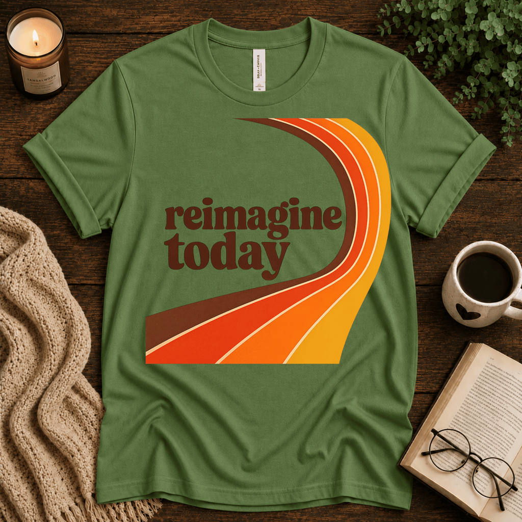 Reimagine Today inspirational introvert graphic t-shirt cozy flat lay in leaf.
